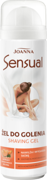 Biała butelka Joanna Sensual Żel do Golenia z grafiką kobiety i melonem, widok z przodu, nawilża skórę.