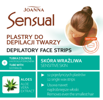 Opakowanie Joanna Sensual Plastry do Depilacji Twarzy, zielono-białe, dla skóry wrażliwej, z aloesem i oliwką.