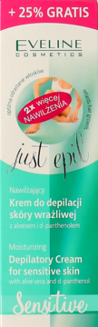Eveline Just Epil Sensitive, krem do depilacji z aloesem i d-panthenolem, biało-zielone opakowanie, przód.