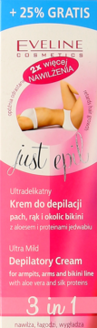 Eveline Just Epil ultradelikatny krem do depilacji pach, rąk i bikini z aloesem, biało-różowe opakowanie, widok z przodu.