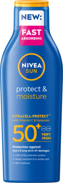 Niebieska butelka Nivea Sun Protect & Moisture, balsam do opalania SPF 50+ "FAST ABSORBING", widok z przodu.