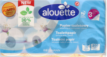 Opakowanie papieru toaletowego Alouette 3-warstwowego, 16 rolek, w niebieskiej folii z napisem NEW, widok z przodu.