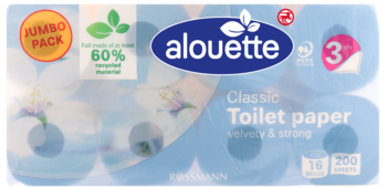 Alouette Classic Toilet paper, 16 niebieskich rolek 3-warstwowych, opakowanie z napisem Jumbo Pack.
