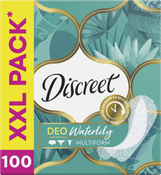 Turkusowe opakowanie wkładek Discreet Multiform Waterlily XXL Pack 100, z kwiatowym wzorem i złotymi detalami.