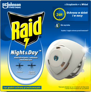 Raid Night & Day elektrofumigator owadobójczy. Białe urządzenie na niebiesko-żółtym pudełku, z ikoną 24h.