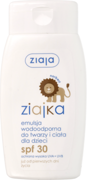Biała butelka Ziaja Ziajka, emulsja wodoodporna SPF 30 dla dzieci z lwem, widok z przodu.