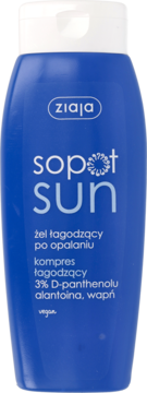 Niebieska butelka Ziaja Sopot Sun, żel łagodzący po opalaniu z D-panthenolem, widok z przodu.