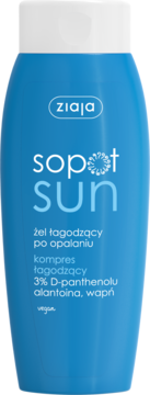 Niebieski, kojący żel po opalaniu Ziaja Sopot Sun w butelce z 3% D-panthenolem, widok z przodu.