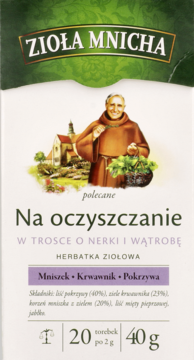 Zioła Mnicha Na oczyszczanie, herbatka ziołowa wspierająca nerki i wątrobę. Front opakowania, 40g.