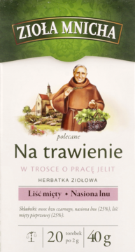 Beżowe opakowanie Zioła Mnicha na trawienie z wizerunkiem mnicha, miętą i lnem, widok z przodu.