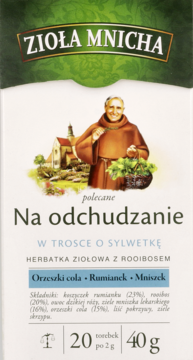 Pudełko herbaty Zioła Mnicha Na odchudzanie, z mnichem, zielono-beżowe, z napisem „Orzeszki cola Rumianek Mniszek”.