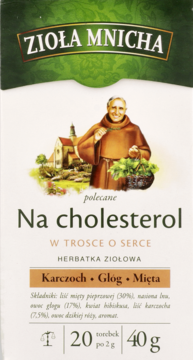 Opakowanie herbatki Zioła Mnicha Na Cholesterol, beżowo-zielone z mnichem, karczoch, głóg, mięta, widok z przodu.