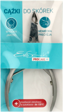 Metalowe cążki do skórek Ewa Schmitt w biało-niebieskim blistrze, część tnąca na wierzchu, logo Procare+.
