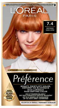 L'Oréal Paris Préférence farba 7.4 Mango Copper, widok opakowania z modelką i nazwą odcienia.