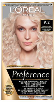 L'Oréal Préférence 9.2, bardzo jasny blond trwała farba do włosów, front pudełka z wizerunkiem kobiety.