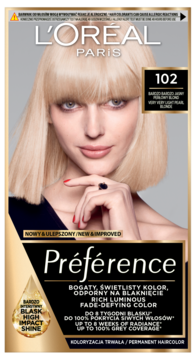 L'Oreal Préférence 102 bardzo jasny blond, trw. farba do włosów w opakowaniu z blondynką, blask do 8 tyg.
