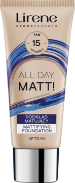 Matujący podkład Lirene Dermoprogram ALL DAY MATT! w beżowej tubce z niebieskim wzorem, widok z przodu.