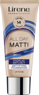 Lirene All Day Matt! Matujący podkład Caramel 14 w beżowej tubce z niebieskimi smugami, srebrna nakrętka, widok z przodu.