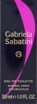 Czarne opakowanie perfum Gabriela Sabatini Eau de Toilette 30 ml z magenta paskiem i złotym napisem.