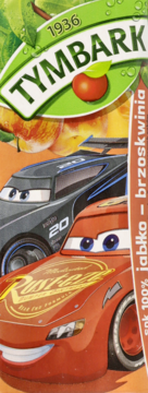 Tymbark sok 100% jabłko-brzoskwinia w zielono-pomarańczowym kartonie, z autami Cars i logo 1936.