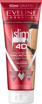 Czerwona tuba Eveline Slim Extreme 4D, termoaktywny koncentrat wyszczuplający, z widoczną sylwetką.