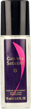 Gabriela Sabatini Parfum Deodorant 75ml, szklana butelka z fioletową etykietą, złotym tekstem, różowym akcentem.