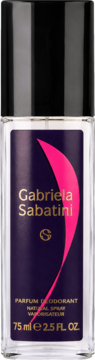 Gabriela Sabatini dezodorant naturalny spray, szklana butelka, fioletowa etykieta ze złotym tekstem i różowym wzorem.