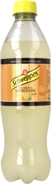 Butelka Schweppes Citrus Mix napoju gazowanego o smaku cytrusowym, żółta zakrętka, pomarańczowa etykieta, przód.