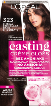 L'Oréal Casting Crème Gloss 323 Ciemna Czekolada, pielęgnacyjna koloryzacja bez amoniaku, pudełko z kobietą.