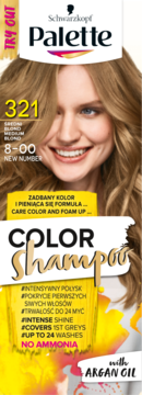 Szampon koloryzujący Schwarzkopf Palette 321 Średni Blond z olejkiem arganowym, z modelką na opakowaniu.