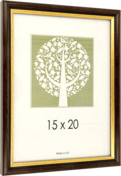 Ciemnobrązowa ramka drewniana 15x20 cm, ze złotym brzegiem, białym passe-partout i grafiką drzewa. Made in EU.