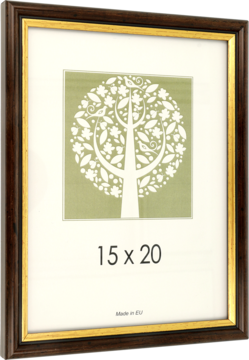 Ciemnobrązowa ramka drewniana 15x20 cm, ze złotym brzegiem, białym passe-partout i grafiką drzewa. Made in EU.