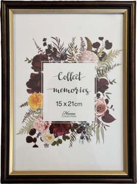 Ciemnobrązowa drewniana ramka 15x21cm ze złotym rantem, z nadrukiem 'Collect memories' i kwiatami.