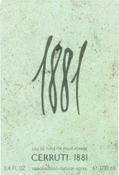 Front of the light green packaging for Cerruti 1881 Homme Eau de Toilette, with large black "1881" text.
