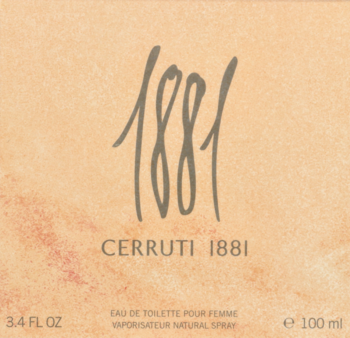 Frontowe opakowanie Cerruti 1881 Eau de Toilette Pour Femme, beżowe, fakturowane tło z dużym '1881'.