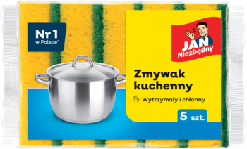 Zmywak kuchenny JAN Niezbędny, zestaw 5 żółto-zielonych gąbek z grafiką garnka, wytrzymałe, widok z przodu.