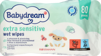 Babydream extra sensitive wet wipes 80 szt., z aloesem i alantoiną, miętowe opakowanie, widok z przodu.