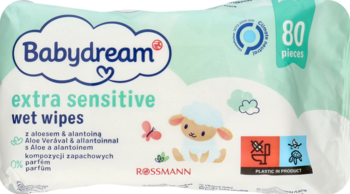 Babydream extra sensitive wet wipes 80 szt., z aloesem i alantoiną, miętowe opakowanie, widok z przodu.