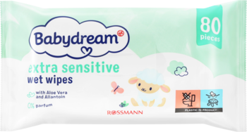 Babydream extra sensitive wet wipes 80 sztuk, z aloesem i alantoiną, bez zapachu, biało-miętowe, widok z przodu.