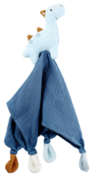 Miękka przytulanka-kocyk dla niemowląt: błękitny dinozaur i niebieski kocyk sensoryczny z muślinu, widok z przodu.