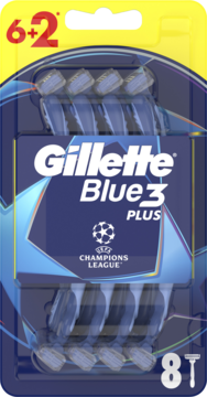 Gillette Blue 3 Plus, 8 jednorazowych maszynek w niebiesko-żółtym blistrze, edycja Champions League, widok frontalny.