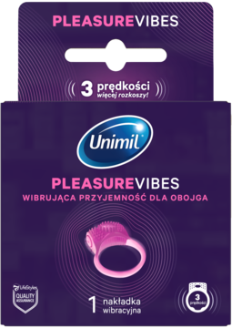 Fioletowe opakowanie Unimil PleasureVibes, 3-biegowa nakładka wibracyjna, widok z przodu, z obrazkiem produktu.