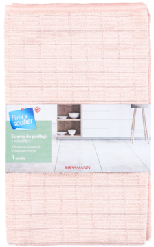 Ścierka podłogowa Flink & Sauber, jasnoróżowa z mikrofibry, złożona w opakowaniu z logo Rossmann, widok z przodu.