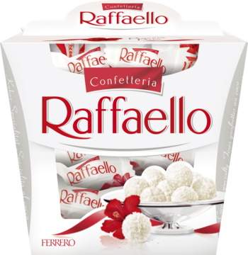 Białe opakowanie Raffaello z czerwonym logo, ukazujące chrupiące praliny kokosowe z migdałem i czerwoną wstążką.