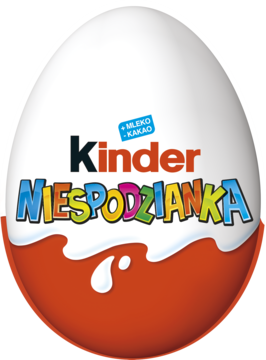 Jajko Kinder Niespodzianka, biała góra, czerwony dół z falą czekolady mlecznej, napis Mleko Kakao, przód.