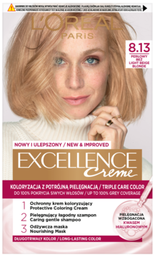 Opakowanie farby do włosów L'Oréal Excellence Creme 8.13 Perłowy Beż. Kobieta z blond włosami, potrójna pielęgnacja.