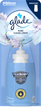 Glade Pure Clean Linen zapas do automatycznego odświeżacza powietrza, niebieska butelka w opakowaniu, widok z przodu.