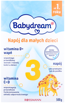 Babydream Napój dla dzieci 500g, od 1. roku. Niebieskie opakowanie z cyfrą 3, witaminami D+C, widok z przodu.