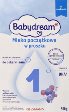Front opakowania mleka Babydream 1 dla niemowląt od urodzenia z DHA, Rossmann, błękitne tło, 500g.
