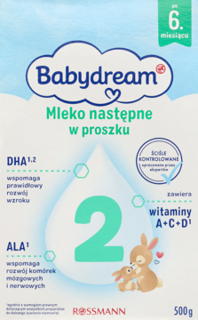 Babydream Mleko następne 2 w proszku, jasnoniebieskie opakowanie z grafiką zajączków i cyfrą 2, widok z przodu.